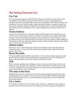 (https://www.gradesaver.com/the-testing/study-guide/character-list) 
The Testing Character List  (https://www.gradesaver.com