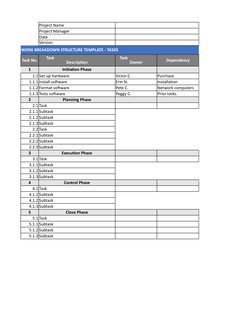 Project Name
Project Manager
Date 
Version
WORK BREAKDOWN STRUCTURE TEMPLATE - TASKS 
Task No.
Dependency
1
Initiation Phase
