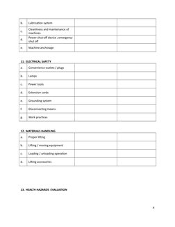 b.
Lubrication system
c.
Cleanliness and maintenance of 
machines
d.
Power shut-off device ; emergency
shut off
e.
Machine an
