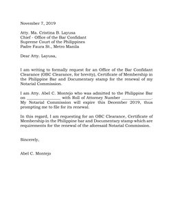 November 7, 2019 
 
Atty. Ma. Cristina B. Layusa 
Chief - Office of the Bar Confidant 
Supreme Court of the Philippines