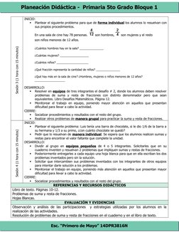 Planeación Didáctica -  Primaria 5to Grado Bloque 1
Esc. “Primero de Mayo” 14DPR3816N
Sesión 3 (1 hora con 15 minutos)
INICIO