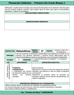 Planeación Didáctica -  Primaria 5to Grado Bloque 1
Esc. “Primero de Mayo” 14DPR3816N
Reflexionar: ¿Cuáles fueron las dudas y