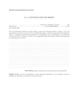 Solicita reconsideración de multa 
 
S. J. L. DE POLICÍA LOCAL DE LIMACHE 
  
……………………………………………………….., cédula de identidad nú
