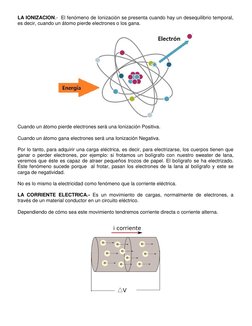 LA IONIZACION.-  El fenómeno de Ionización se presenta cuando hay un desequilibrio temporal, 
es decir, cuando un átomo pierd