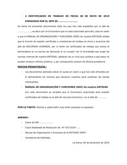 - 
4 CERTIFICADOS DE TRABAJO DE FECHA 28 DE MAYO DE 2019 
EXPEDIDOS POR EL JEFE DE …………………….. 
Se tacha los presentes documen
