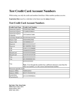 Test Credit Card Account Numbers
While testing, use only the credit card numbers listed here. Other numbers produce an error.