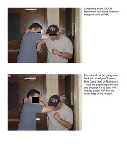 Completed elbow. OUCH! 
Remember that this is forehand 
energy or a #1 in FMA.
From the elbow I’m going to arc 
back into an