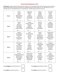 TRUE COLORS PERSONALITY TEST 
 
Instructions: Compare all four boxes of words in each row.  Do not analyze each word, just ge