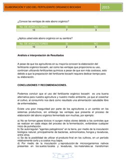 10 
ELABORACIÓN Y USO DEL FERTILIZANTE ORGANICO BOCASHI 
2015 
 
¿Conoce las ventajas de este abono orgánico?  
No. DE AG
