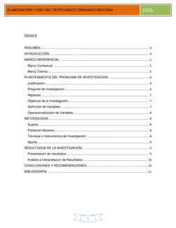 3 
ELABORACIÓN Y USO DEL FERTILIZANTE ORGANICO BOCASHI 
2015 
 
ÍNDICE  
 
RESUMEN ......................................