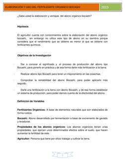7 
ELABORACIÓN Y USO DEL FERTILIZANTE ORGANICO BOCASHI 
2015 
¿Sabe usted la elaboración y ventajas  del abono orgánico b