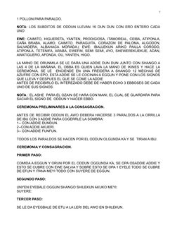 1 POLLON PARA PARALDO.
NOTA: LOS SUBDITOS DE ODDUN LLEVAN 16 DUN DUN CON ERO ENTERO CADA
UNO
EWE: CAIMITO, HIGUERETA, YANTEN,