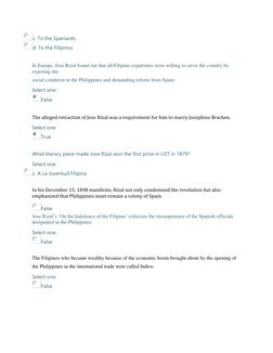 c. To the Spaniards  
d. To the Filipinos 
 
In Europe, Jose Rizal found out that all Filipino expatriates were willing to se
