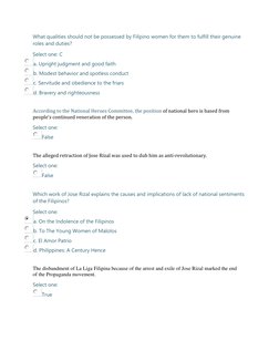 What qualities should not be possessed by Filipino women for them to fulfill their genuine 
roles and duties? 
Select one: C