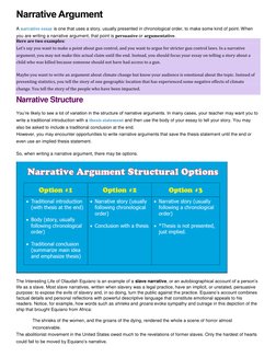 Narrative Argument 
A narrative essay  (https://owl.excelsior.edu/rhetorical-styles/narrative-essay/)is one that uses a story