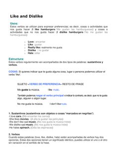 Like and Dislike  
Usos: 
Estos verbos se utilizan para expresar preferencias; es decir, cosas o actividades que 
nos gusta h