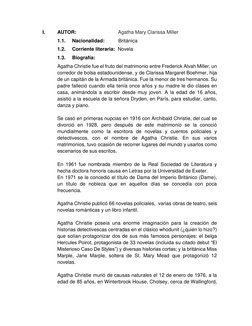 I. 
AUTOR:                              Agatha Mary Clarissa Miller 
1.1. 
Nacionalidad:          Británica 
1.2. 
Corriente