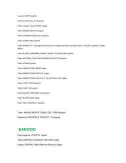 Usuario SWIFT Español 
Taller Grand Vitara XL7 Español 
Taller Cavalier Haynes 95/99  Ingles 
Taller MONZA 85/87 Portugués.