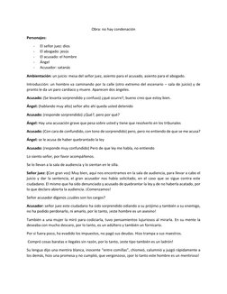 Obra: no hay condenación 
Personajes: 
- 
El señor juez: dios 
- 
El abogado: jesús 
- 
El acusado: el hombre 
- 
Ángel 
- 
A