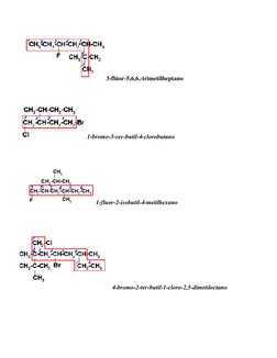 3-flúor-5,6,6,-trimetilheptano 
 
 
1-bromo-3-sec-butil-4-clorobutano 
 
 
1-fluor-2-isobutil-4-metilhexano 
 
 
4-bromo-2-te
