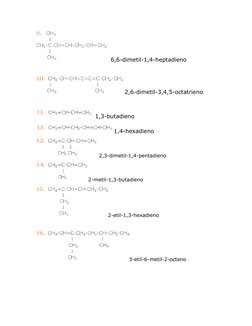 6,6-dimetil-1,4-heptadieno 
 
2,6-dimetil-3,4,5-octatrieno 
 
 1,3-butadieno 
1,4-hexadieno 
2,3-dimetil-1,4-pentadieno 
2-