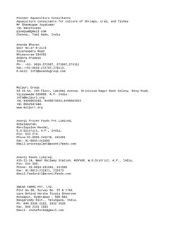 Pioneer Aquaculture Consultants
Aquaculture consultants for culture of Shrimps, crab, and fishes
Mr Shanmugam Jayakumar
+91 9
