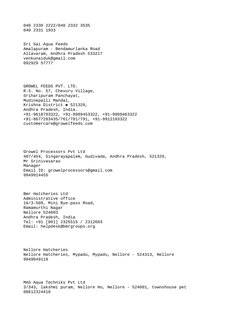 040 2330 2222/040 2332 3535
040 2331 1933
Sri Sai Aqua Feeds
Amalapuram - Bendamurlanka Road
Allavaram, Andhra Pradesh 533217