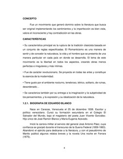 8 
 
CONCEPTO 
 
Fue un movimiento que generó dominio sobre la literatura que busca 
ser original implementando los sentimi