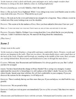 \ln the room arc a bed, a desk with boohs, pens and paper on it, and a simple wooden chair.
Polonius is sitting at the desk.