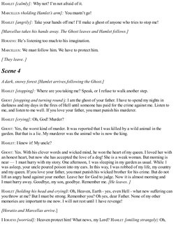 HAMLET [calmly]: Why not? I’m not afraid of it.
MARCELLUS Fholding Hamlet’s arm]: You mustn’t go!
HAMLET [angrily]: Take your