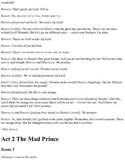 wonderful!
HORATIO: That’s good, my Lord. Tell us.
HAMLET: NO, BECAUSE YOU’LL TELL OTHERS ABOUT IT.
HORATIO [surprised and hu