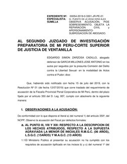 EXPEDIENTE Nº:  00054-2019-0-3301-JR-PE-01 
ESPECIALISTA:  
Dr. PUENTE DE LA VEGA VERA ALEX  
SUMILLA 
OBSERVA 
ACUSACIÓN, 
P