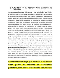 b. AL PUNTO IV, IX Y XIV: RESPECTO A LOS ELEMENTOS DE 
CONVICCION. 
Con respecto al punto c) del numeral 1° del artículo 349°