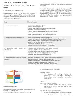 Acctg. Ed 07 – MANAGEMENT SCIENCE 
 
Conditions that Influence Managerial Decision 
Making 
 
I. PROBLEM SOLVING PROCESS 
 
P