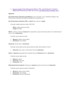 6. Kerzner, Harold. Project Management Metrics, KPIs, and Dashboards: A Guide to 
Measuring and Monitoring Project Performanc