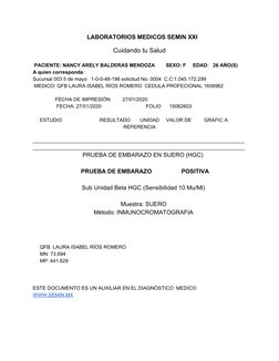 ​LABORATORIOS MEDICOS SEMIN XXI 
Cuidando tu Salud 
 
 ​PACIENTE: NANCY ARELY BALDERAS MENDOZA        SEXO: F     EDAD: