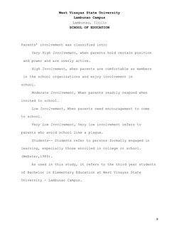 West Visayas State University  
Lambunao Campus 
Lambunao, Iloilo 
SCHOOL OF EDUCATION 
 
9 
 
 
Parents’ involvement was cla