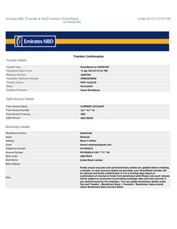 Emirates NBD
Transfer & Pay Transfers
DirectRemit 
to PAKISTAN
14 Apr 2019 07:27:01 PM
Transfer Confirmation
Transfer Details