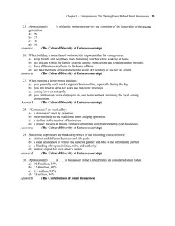 Chapter 1 – Entrepreneurs: The Driving Force Behind Small Businesses    33
25. Approximately ____ % of family businesses surv