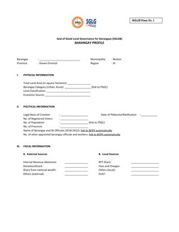 Seal of Good Local Governance for Barangays (SGLGB) 
BARANGAY PROFILE 
 
 
 
Barangay 
: __________________________