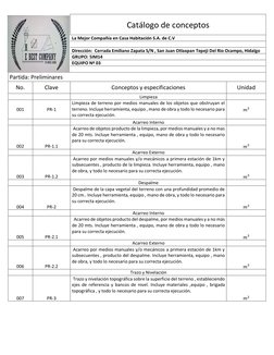 Catálogo de conceptos 
La Mejor Compañía en Casa Habitación S.A. de C.V 
  
Dirección:  Cerrada Emiliano Zapata S/