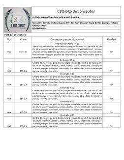 Catálogo de conceptos 
La Mejor Compañía en Casa Habitación S.A. de C.V 
  
Dirección:  Cerrada Emiliano Zapata S/