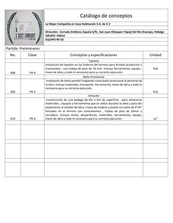 Catálogo de conceptos 
La Mejor Compañía en Casa Habitación S.A. de C.V 
  
Dirección:  Cerrada Emiliano Zapata S/
