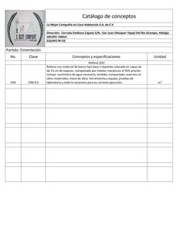 Catálogo de conceptos 
La Mejor Compañía en Casa Habitación S.A. de C.V 
  
Dirección:  Cerrada Emiliano Zapata S/