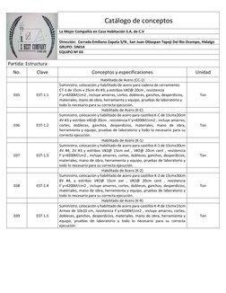 Catálogo de conceptos 
La Mejor Compañía en Casa Habitación S.A. de C.V 
  
Dirección:  Cerrada Emiliano Zapata S/
