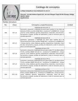 Catálogo de conceptos 
La Mejor Compañía en Casa Habitación S.A. de C.V 
  
Dirección:  Cerrada Emiliano Zapata S/