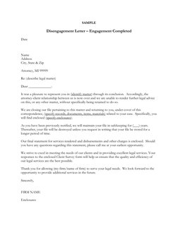 Disengagement Letter sample showing completion of representation and file handling language