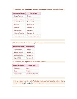1. Modificar la tabla Pacientes de la base de datos Clinica siguiendo estas indicaciones: 
Nombre del campo 
Tipo de dato 
Co
