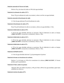 Solución saturada de Cloruro de Sodio.
Disolver 26 g. de cloruro de sodio en 100 ml de agua destilada.
Solución de carbonat