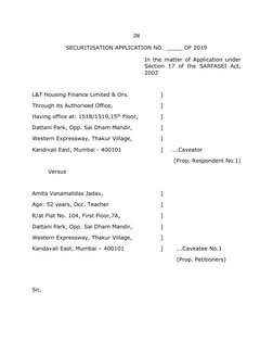 IN 
SECURITISATION APPLICATION NO. _____ OF 2019 
In the matter of Application under 
Section 17 of the SARFASEI Act, 
2002